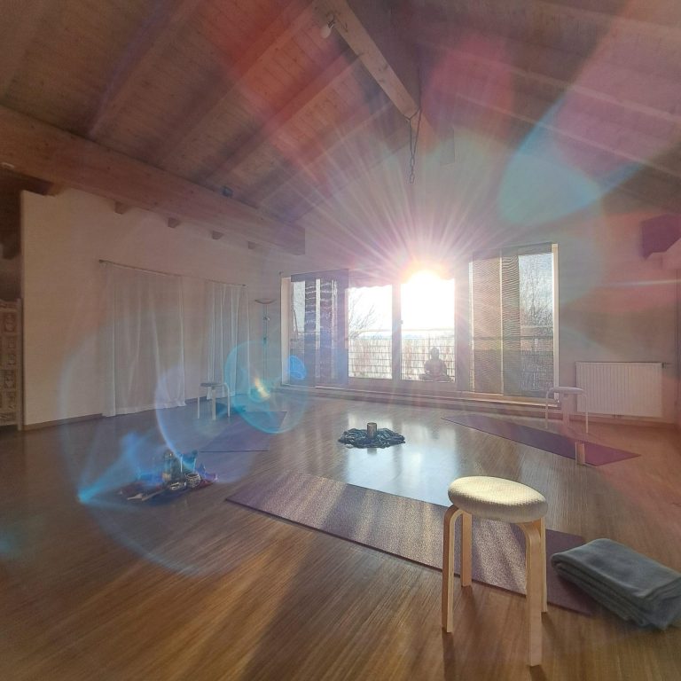 Britta Martin Körper- & Bewegungstherapeutin Helles, ruhiges Yoga-Studio mit Holzfussboden und Holzdecke und Fensteransicht auf die Natur. Sonnenaufgang mit Lichtkegeln.